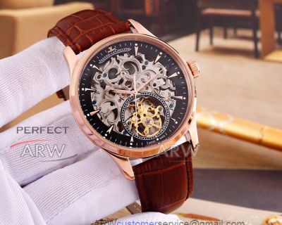 Perfect Replica Jaeger LeCoultre Hollow Tourbillon Dial Rose Gold Case 42mm Watch